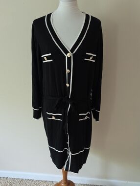 Madison + Hudson Black Knit Belted Long Cardigan with White Trim